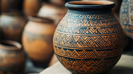 Indian pottery with intricate patterns, no people present, leaving ample room for text.の素材
