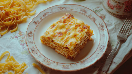 Lasagna al forno surrounded by pasta on a plate. Elegant composition with a clean space for writing.の素材