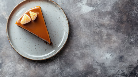 Minimalistic top view of caramel cake on a plate with open copy space for design.の素材