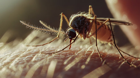 Macro shot of a mosquito biting human skin, ideal for informative content with copy space.の素材