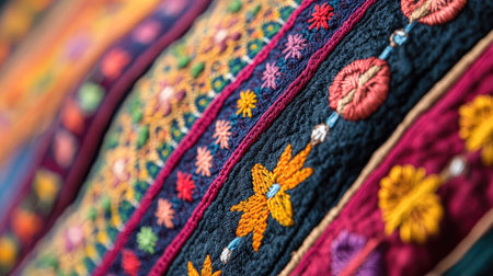 South Asian textile artwork with colorful embroidery, no people present, and copy space available.の素材