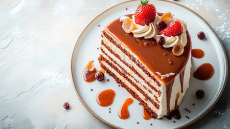 Sweet caramel layer cake on a plate, top-down shot with ample copy space included.の素材