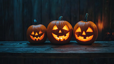 Three carved pumpkins lit up on a rustic table, Halloween decoration with ample copy space.の素材