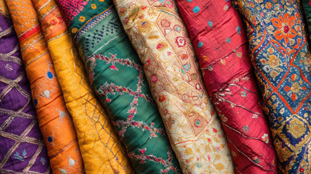 Traditional South Asian fabric art with geometric designs, no people, and copy space for text.の素材