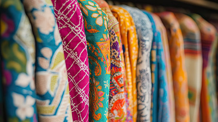 Traditional South Asian fabric with colorful patterns, no one in sight, and room for captions.の素材