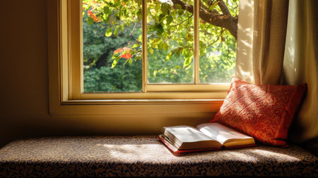 A quiet corner with a South Asian literary book on a cushioned seat by the window, copy spaceの素材