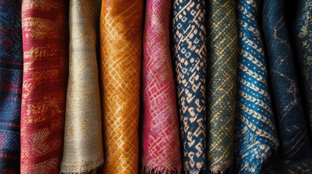Traditional textile fabric from South Asia, richly woven, no people, with ample copy space.の素材