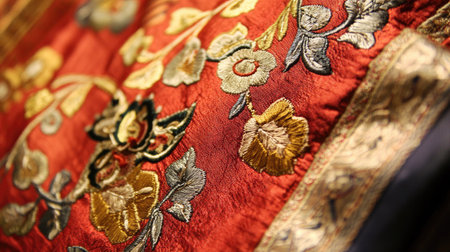 Traditional South Asian textile design with intricate embroidery, no people, leaving room for text.の素材