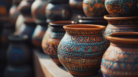 Traditional Indian pottery with intricate designs, no people, with copy space available.の素材