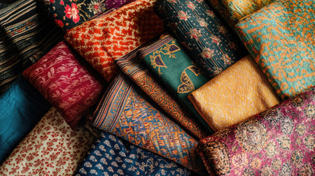 Traditional South Asian fabric with colorful patterns, no one in sight, and room for captions.の素材