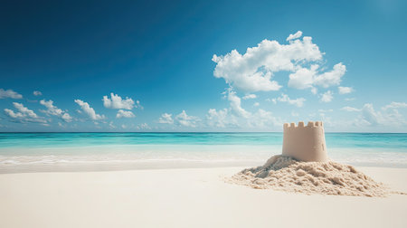 A lone sandcastle on a smooth sandy beach, blue sky above providing space for textの素材