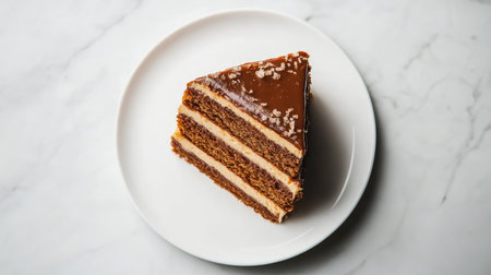 Top view of caramel layer cake on a white plate, minimalist design with room for text.の素材