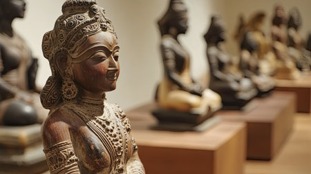 Traditional Indian sculptures on display, no one present, with space for text or captions.の素材