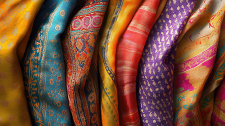 Vibrant South Asian fabric art with cultural patterns, no one in sight, and room for design or text.の素材