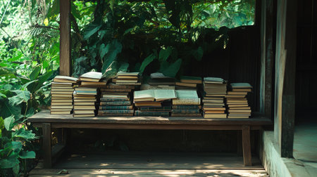 Books in traditional South Asian script, stacked on a wooden bench under a shaded veranda, copy spaceの素材