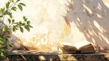 Cartoon depiction of South Asian literature spread across a stone bench, sunlight casting gentle shadows, ample copy spaceの素材