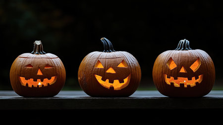 Trio of Jack O Lantern pumpkins, carved for Halloween, with room for text or design.の素材