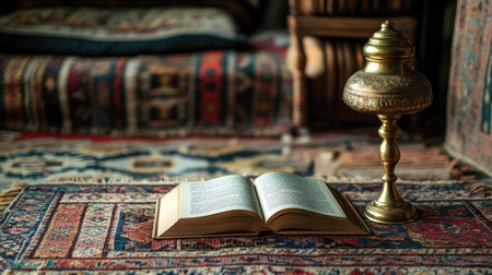 A quiet study corner with an open South Asian book and brass lamp, traditional rugs in the background, copy spaceの素材