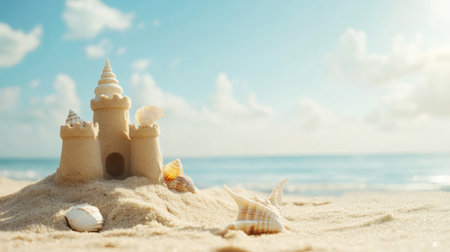 A sandcastle with tiny seashell decorations, set against the wide-open horizon, space for text aboveの素材