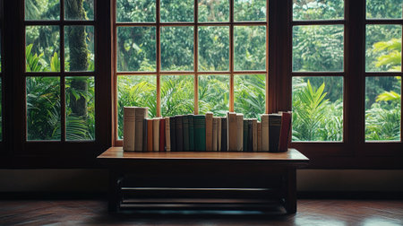 A quiet study with South Asian literature books on a wooden bench, window view of lush greenery, copy spaceの素材