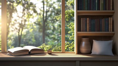 A quiet corner with South Asian literature books on a wooden bench, window view of peaceful nature, copy spaceの素材