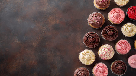 Assorted cupcakes seen from above, open area beside them for copy spaceの素材