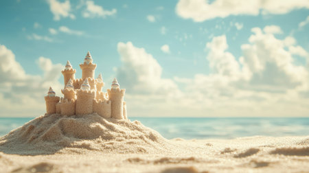 A sandcastle with tiny seashell decorations, set against the wide-open horizon, space for text aboveの素材