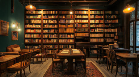A vintage library filled with South Asian literature, old wooden chairs and soft lighting, copy spaceの素材