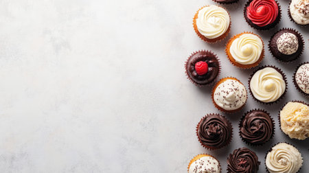 Assorted cupcakes seen from above, open area beside them for copy spaceの素材