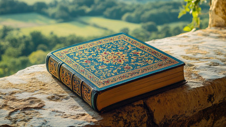 A vintage book with South Asian patterns on the cover, resting on a stone windowsill, serene nature in the distance, copy spaceの素材