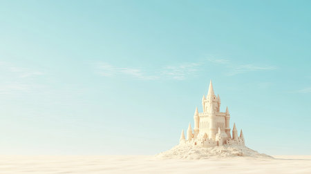 A single sandcastle on the beach with a cloudless sky offering empty space for textの素材