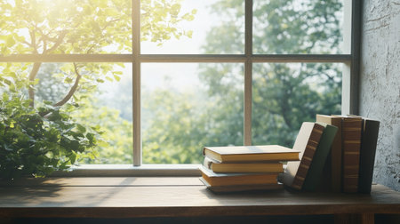A quiet corner with South Asian literature books on a wooden bench, window view of peaceful nature, copy spaceの素材