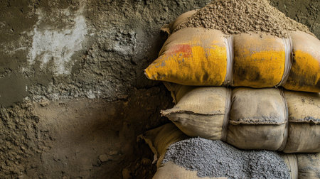 Bags of cement and gravel stacked together, blank space for textの素材