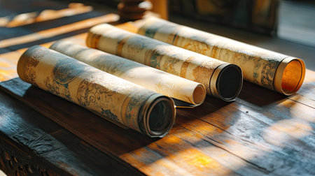 Ancient South Asian scrolls rolled out on a hand-carved wooden table, light streaming in from a window, copy spaceの素材