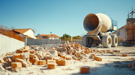 Bricks and cement mixer at a building site, clear sky above for copy spaceの素材