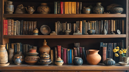 A vintage bookshelf filled with classic South Asian literature, surrounded by traditional pottery, no people, copy spaceの素材