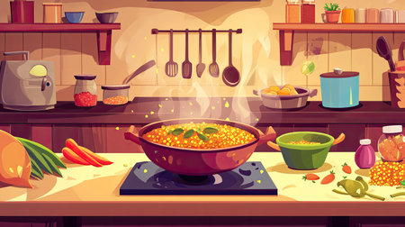 Cartoon depiction of Indian kitchen with dal being cooked, colorful ingredients around, copy space availableの素材
