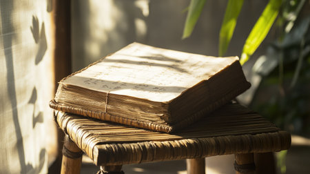 An ancient South Asian manuscript resting on a bamboo stool, sunlight casting shadows, copy spaceの素材