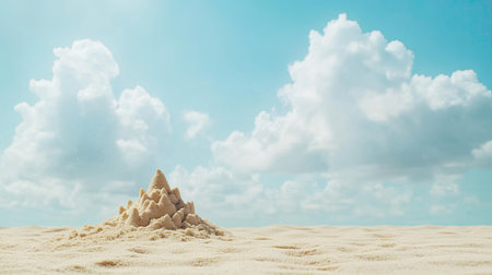 A tiny sandcastle on a wide stretch of beach, with plenty of empty space in the sky for textの素材