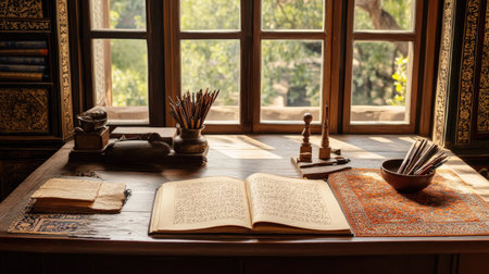 An antique writing desk with open South Asian literature and calligraphy tools, window in the background, copy spaceの素材