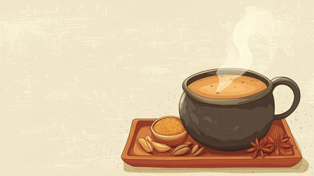 Cartoon depiction of Indian masala chai brewing in a pot, spices on a tray nearby, ample copy spaceの素材