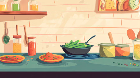 Cartoon depiction of an Indian cooking scene with bhindi masala being prepared, spices on the counter, copy spaceの素材
