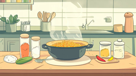 Cartoon drawing of an Indian kitchen with biryani being prepared in a pot, spices laid out, copy spaceの素材
