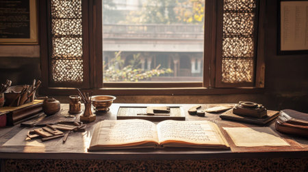 An antique writing desk with open South Asian literature and calligraphy tools, window in the background, copy spaceの素材