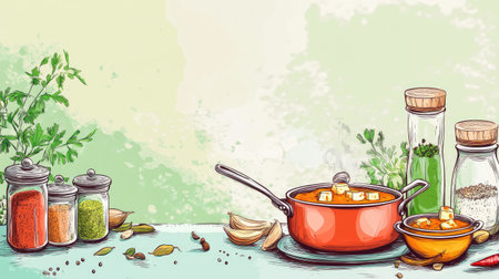 Cartoon depiction of an Indian kitchen scene with paneer butter masala simmering, spices scattered around, copy spaceの素材