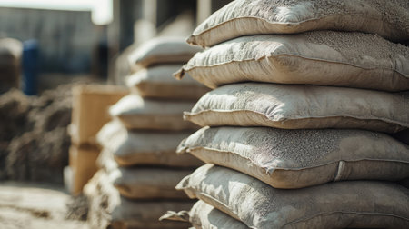 Bags of cement and gravel stacked together, blank space for textの素材
