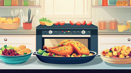 Cartoon image of tandoori chicken roasting in an oven, colorful side dishes on a counter, copy space availableの素材