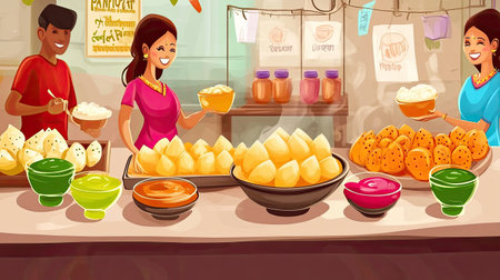 Cartoon of Indian street food scene with pani puri being served, colorful chutneys, and fillings, copy spaceの素材