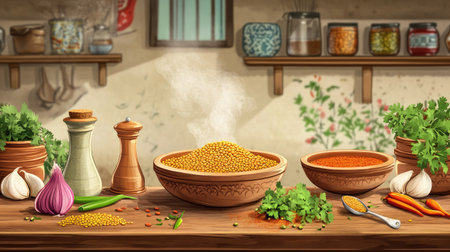 Cartoon image of Indian cooking with lentils being ground for dal, spices and herbs nearby, copy space availableの素材