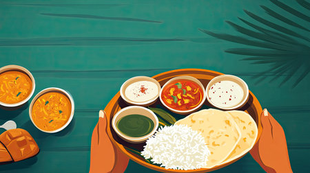 Cartoon image of a traditional Indian thali being served, with curries, rice, and roti, copy space availableの素材